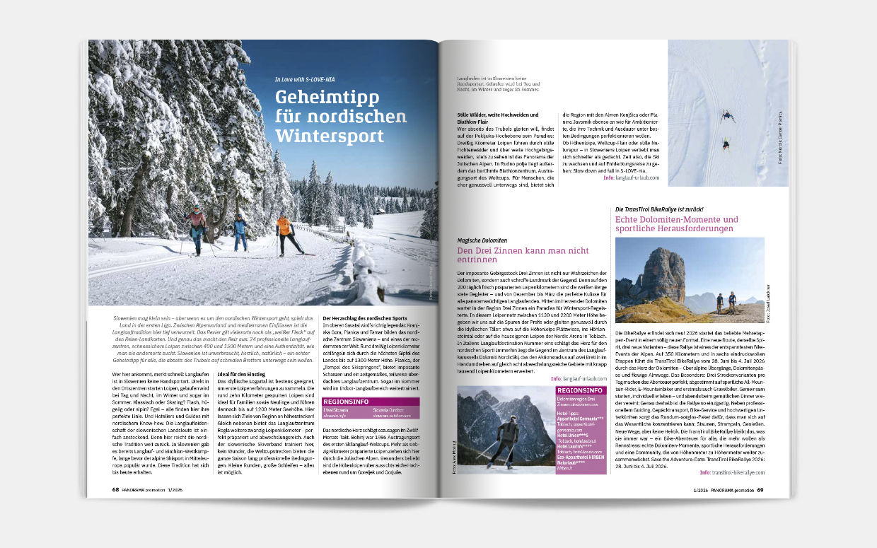 Reise-Promotion in der DAV Panorama, Magazin des Deutschen Alpenvereins, Ausgabe 01/2026 Text: © Salomon-Prym, Advertorial, Anzeige, Ausrüstung, Erzeugnisse, foto-plus-design, Geschichte, Gesundheitsprodukte, Interesse, Materialien, nachhaltig, Outdoor, Produkte, Produktion, Promotion, Region, regionale, Reise, Reiseziel, Reportage, Service, Spezialität, Spezialitäten, Tourismus, Tourismusbranche, umweltfreundlich